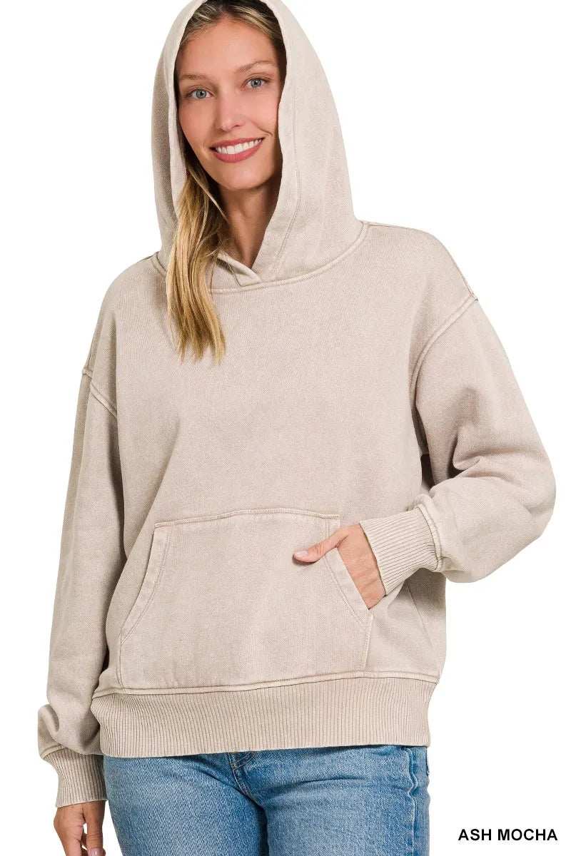 Zenana Fleece Acid Wash Kangaroo Pocket Hoodie - Trendsi - Flyclothing LLC