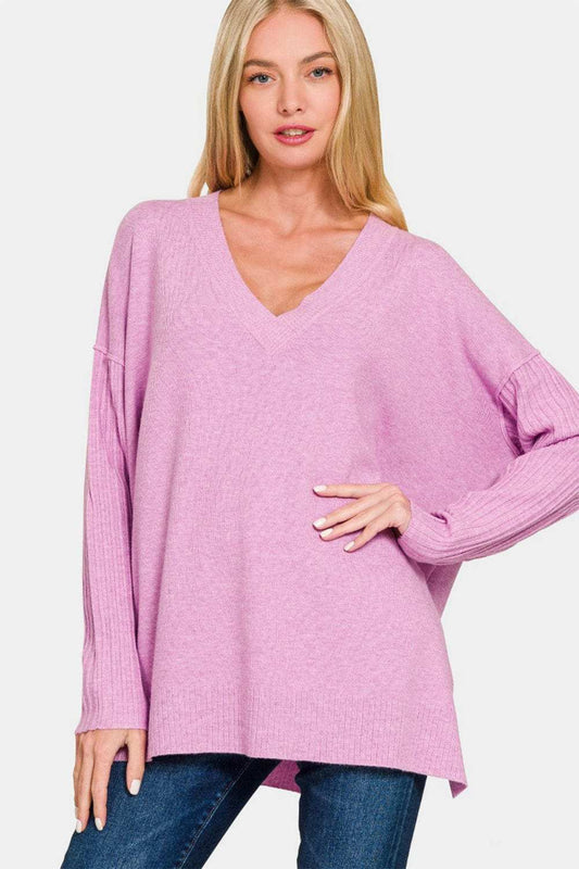 Zenana V-Neck Side Slit High-Low Sweater - Trendsi - Flyclothing LLC