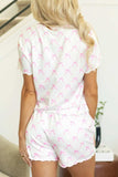 Bow Print Lettuce Trim Round Neck Top and Shorts Lounge Set - Trendsi - Flyclothing LLC