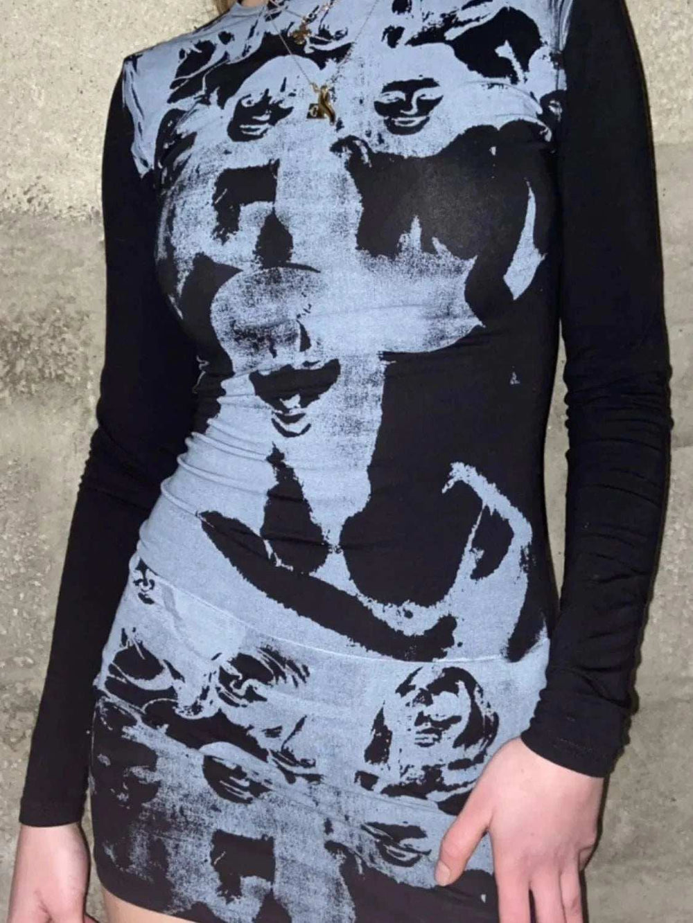 Printed Round Neck Long Sleeve Mini Dress - Trendsi - Flyclothing LLC