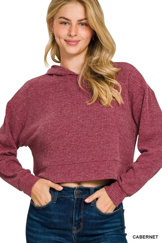 Zenana Drop Shoulder Ribbed Crop Hoodie - Trendsi - Flyclothing LLC