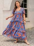 Plus Size Ruffled Printed V-Neck Short Sleeve Maxi Dress - Trendsi - Flyclothing LLC
