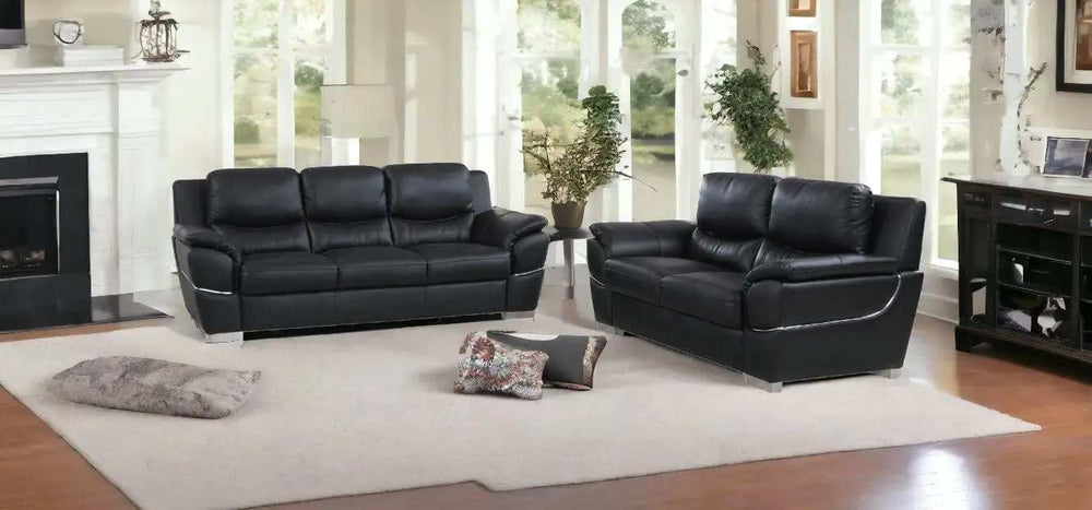Two Piece Indoor Black Genuine Leather Five Person Seating Set - Homeroots - Flyclothing LLC