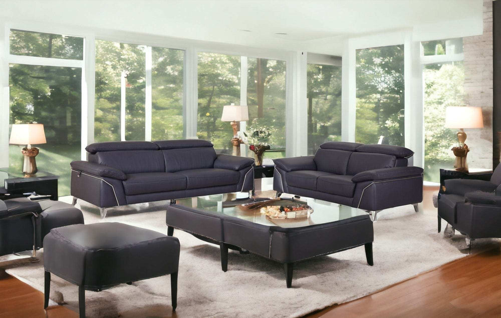 Two Piece Indoor Blue Italian Leather Five Person Seating Set - Homeroots - Flyclothing LLC