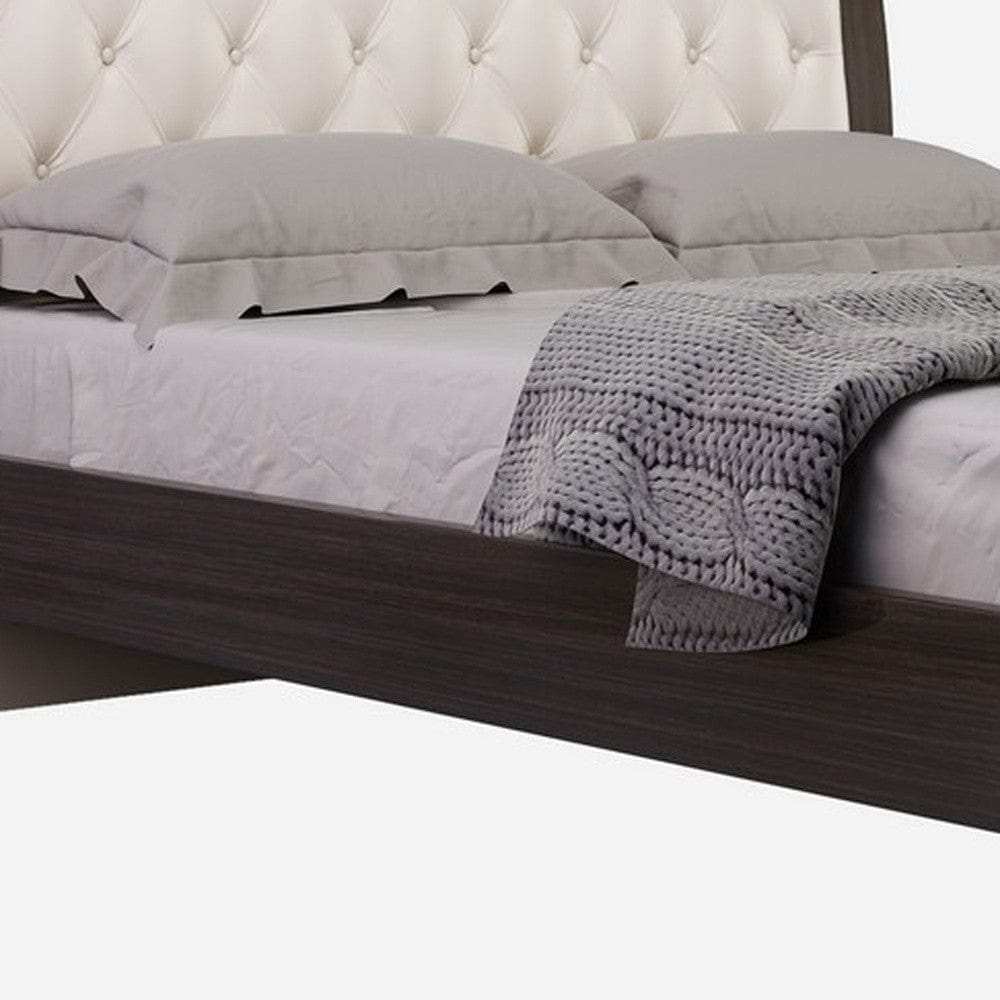 Solid Wood King Tufted Beige Upholstered Faux Leather Bed With Nailhead Trim - Homeroots - Flyclothing LLC