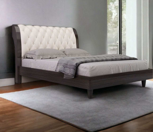 Solid Wood King Tufted Beige Upholstered Faux Leather Bed With Nailhead Trim - Homeroots - Flyclothing LLC