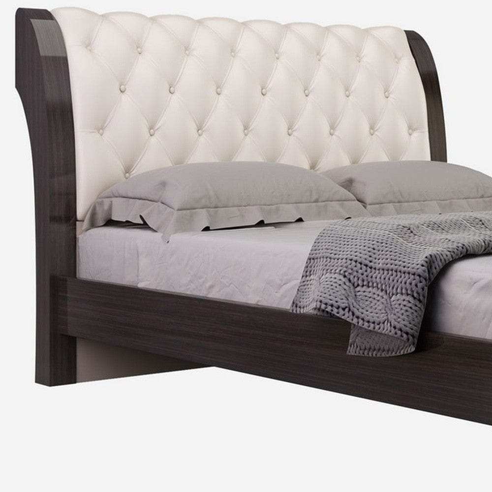 Solid Wood Queen Tufted Beige Upholstered Faux Leather Bed With Nailhead Trim - Homeroots - Flyclothing LLC