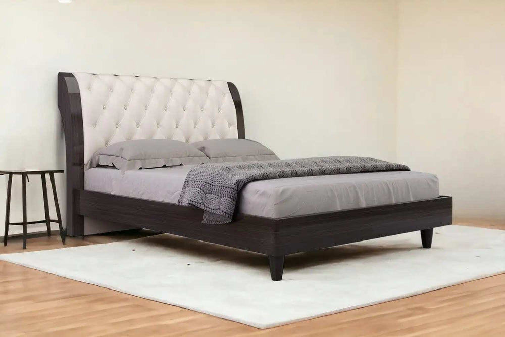 Solid Wood Queen Tufted Beige Upholstered Faux Leather Bed With Nailhead Trim - Homeroots - Flyclothing LLC