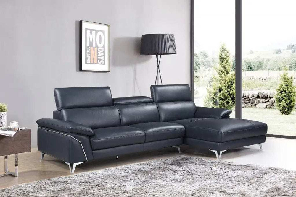 Navy Blue Italian Leather L Shaped Two Piece Sofa and Chaise Sectional - Homeroots - Flyclothing LLC