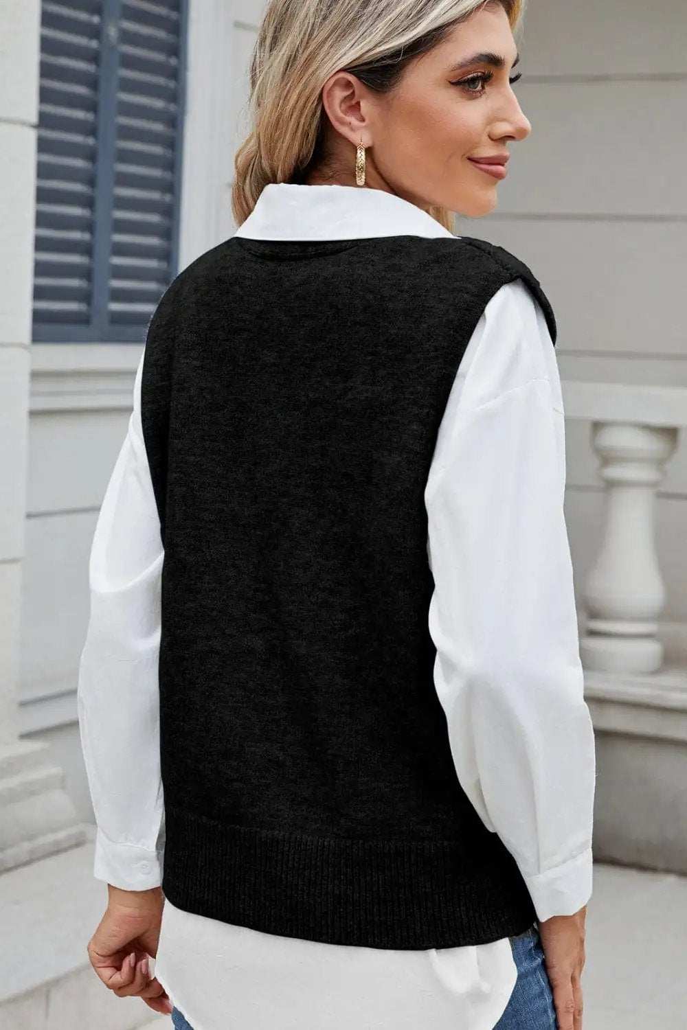 Button Down V-Neck Sweater Vest - Trendsi - Flyclothing LLC