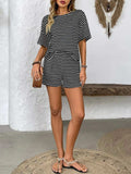Striped Round Neck Short Sleeve Top and Shorts Set - Trendsi - Flyclothing LLC