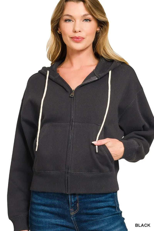 Zenana Fleece Cropped Zip-up Hoodie with Pockets - Trendsi - Flyclothing LLC