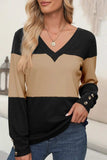 Color Block V-Neck Long Sleeve Top - Trendsi - Flyclothing LLC