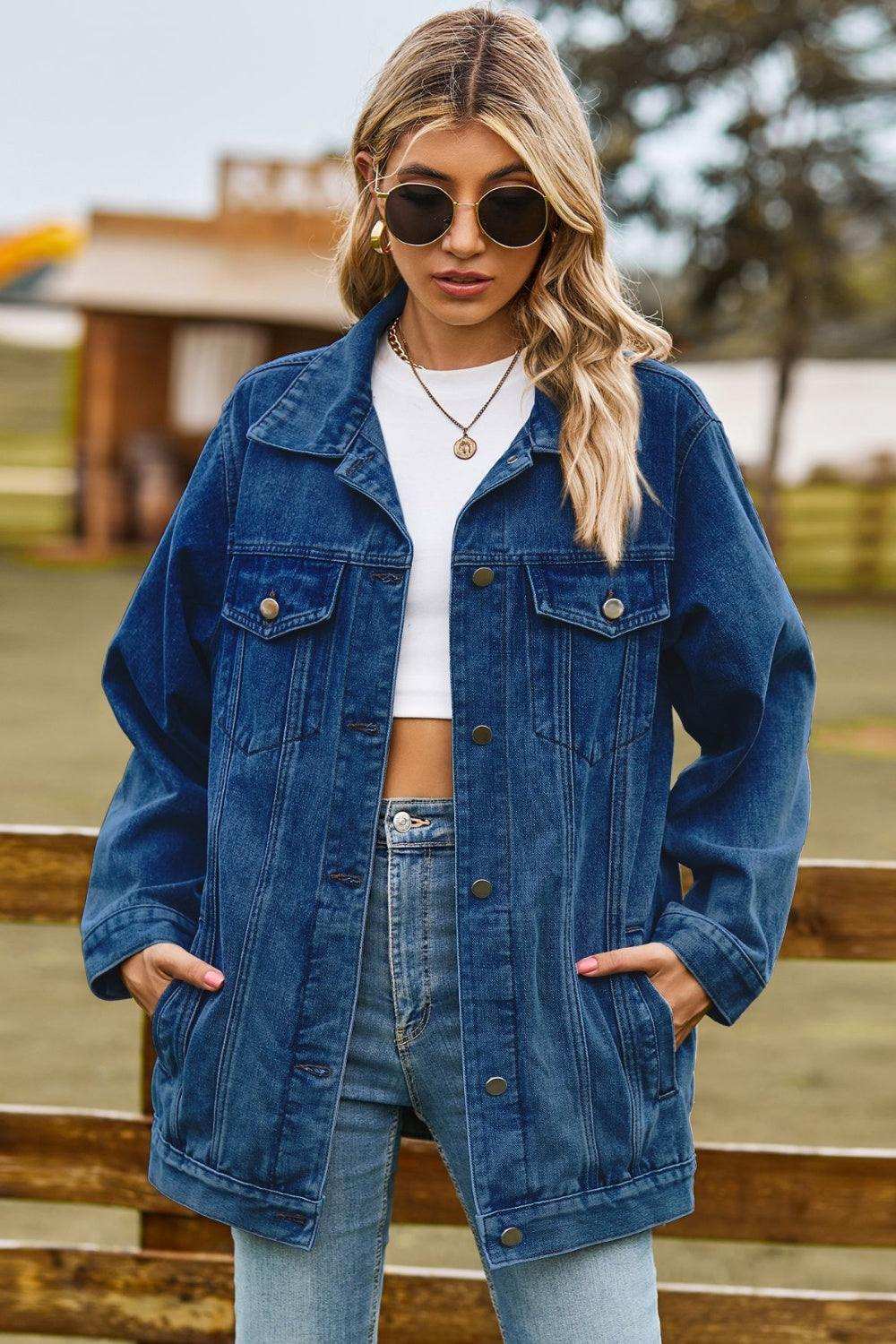 Buttoned Collared Neck Denim Jacket with Pockets - Trendsi - Flyclothing LLC