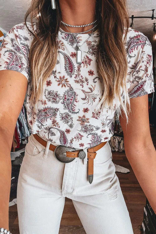 Paisley Mock Neck T Shirt - Trendsi - Flyclothing LLC