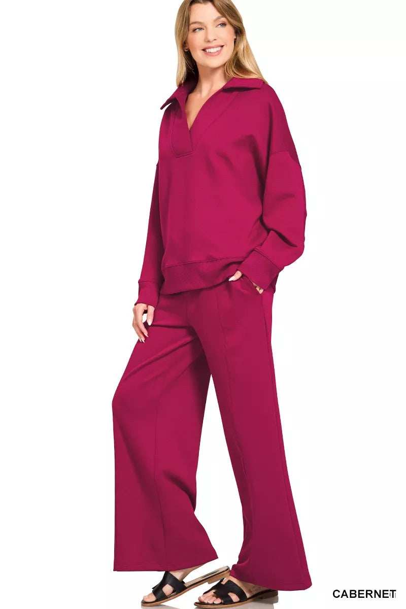 Zenana Scuba Collared Pullover and Pants Set - Trendsi - Flyclothing LLC