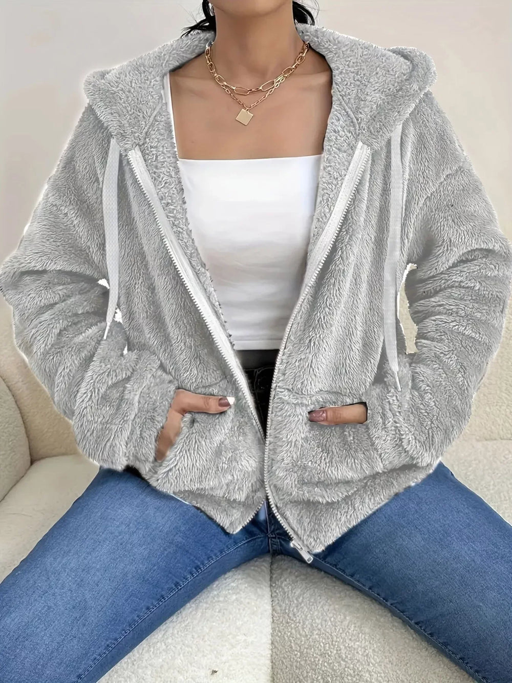 Drawstring Fleece Zip-Up Outerwear - Trendsi - Flyclothing LLC