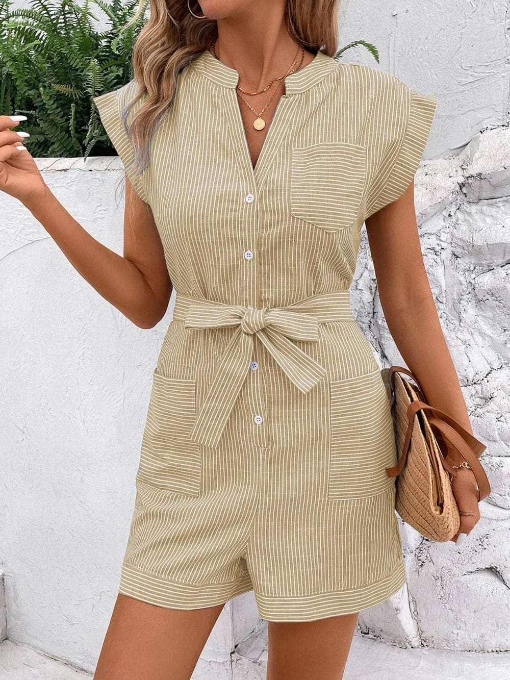 Striped Notched Tie Waist Romper - Trendsi - Flyclothing LLC