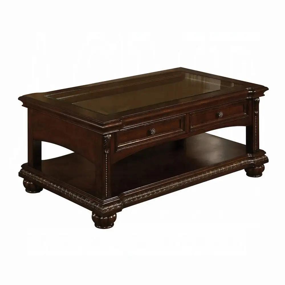 50" Brown Glass And Solid Wood Coffee Table With Two Drawers - Homeroots - Flyclothing LLC