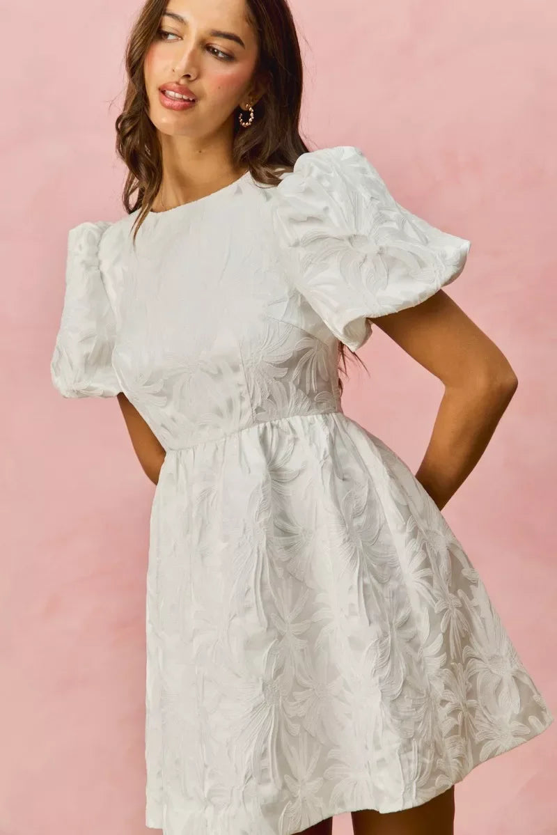 SO ME Floral Jacquard Bubble Shorts Sleeves Mini Dress - Trendsi - Flyclothing LLC