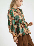 Umgee Mix Floral Peplum Blouse with Tie Neck - Trendsi - Flyclothing LLC
