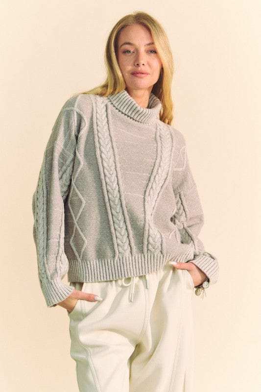 Davi & Dani Cable-Knit Turtleneck Dropped Shoulder Sweater - Trendsi - Flyclothing LLC