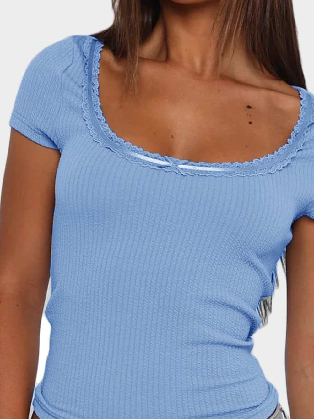 Lace Detail Scoop Neck Short Sleeve T-Shirt - Trendsi - Flyclothing LLC
