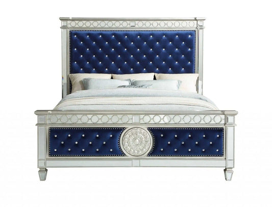 Blue Queen Tufted Upholstered Velvet Bed Frame with Nailhead Trim - Homeroots - Flyclothing LLC