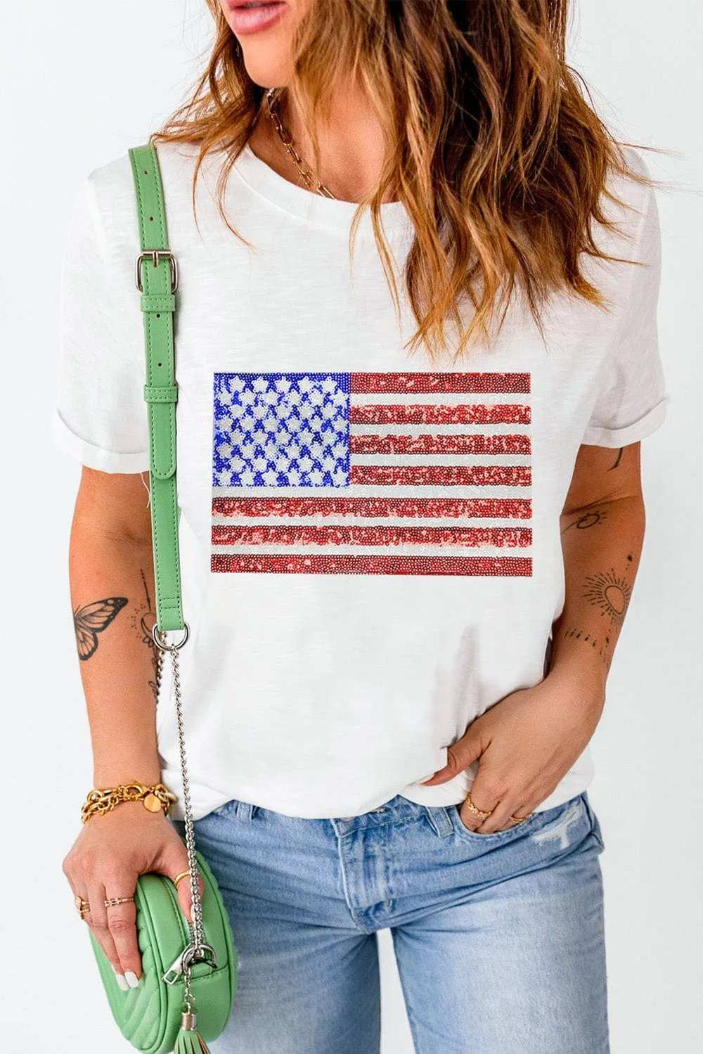 US Flag Round Neck Short Sleeve T-Shirt - Trendsi - Flyclothing LLC
