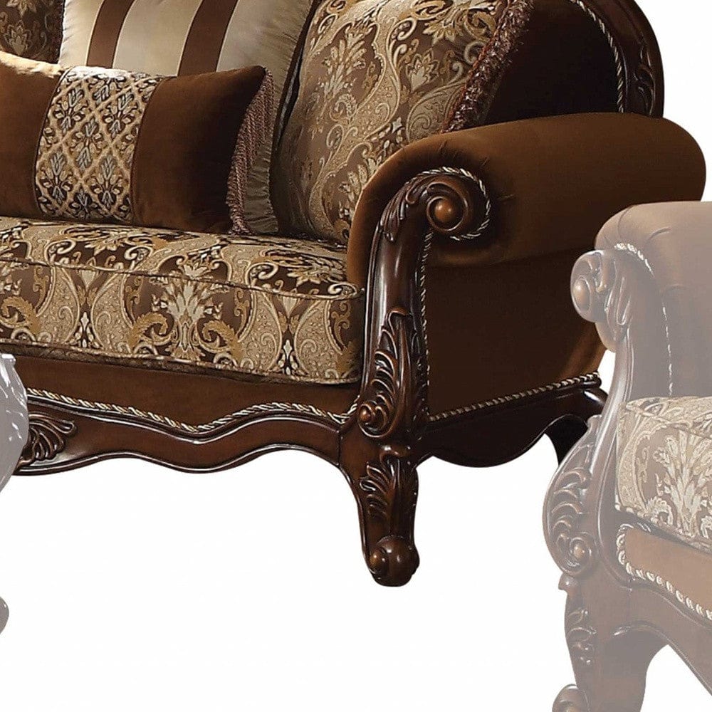 69" Brown Damask Chesterfield Loveseat and Toss Pillows - Homeroots - Flyclothing LLC