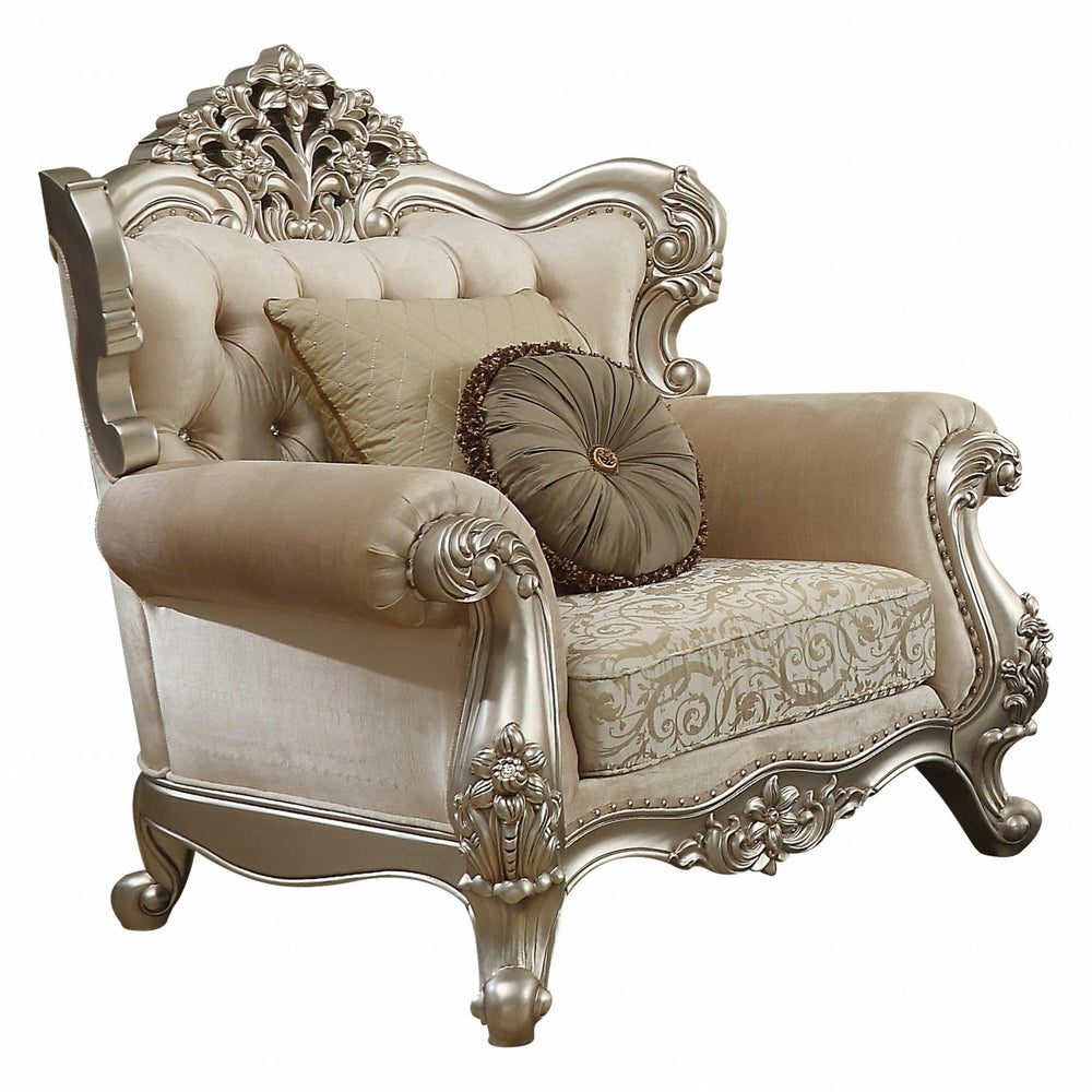 39" Champagne Fabric Damask Chair and a Half And Toss Pillows - Homeroots