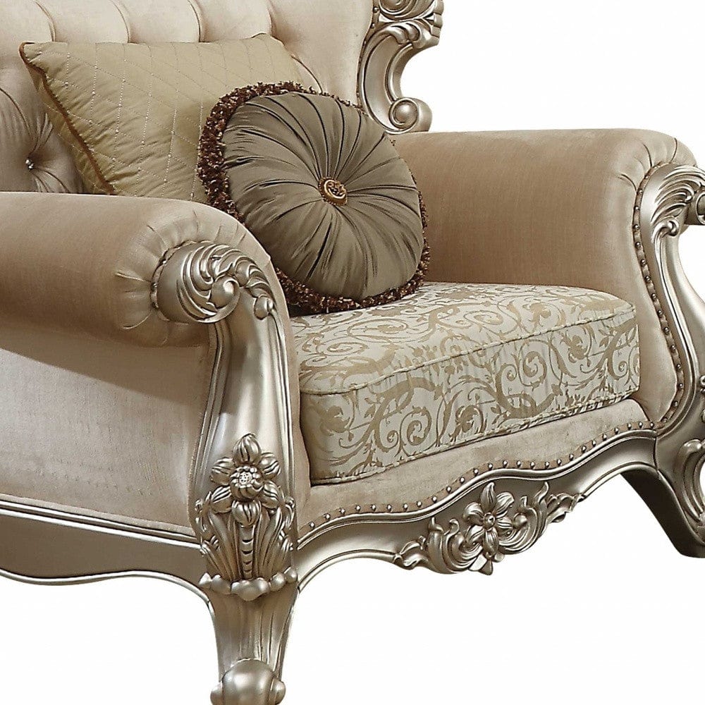 39" Champagne Fabric Damask Chair and a Half And Toss Pillows - Homeroots