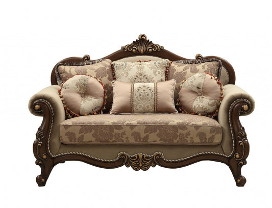 69" Beige and Gold And Brown Velvet Paisley Loveseat and Toss Pillows - Homeroots