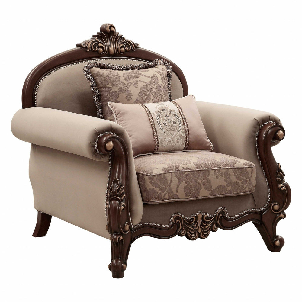 38" Beige And Brown Velvet Floral Arm Chair - Homeroots