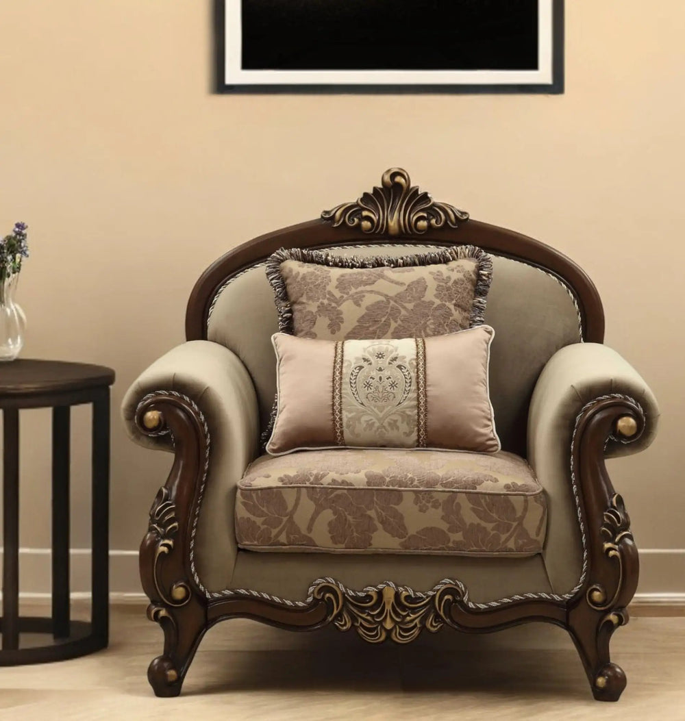 38" Beige And Brown Velvet Floral Arm Chair - Homeroots