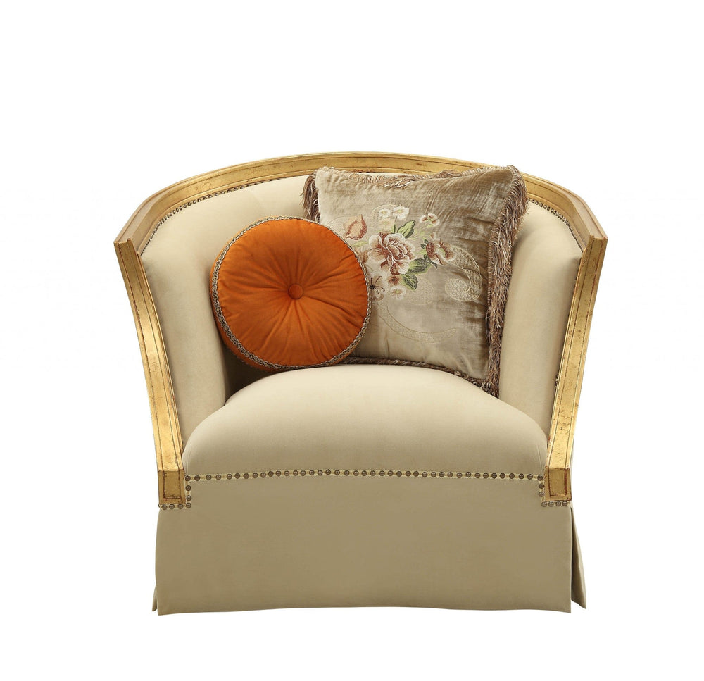 41" Tan and Gold Distressed Arm Chair and Toss Pillows - Homeroots - Flyclothing LLC