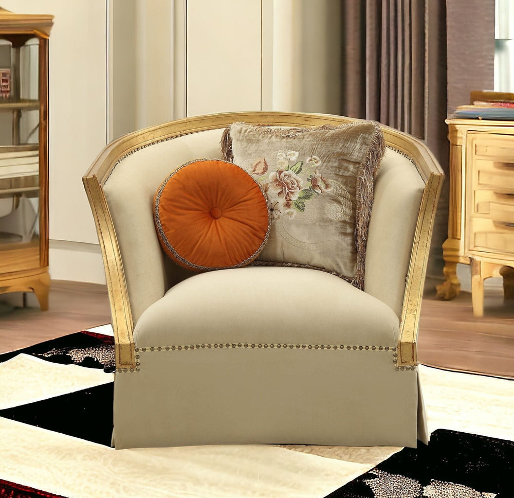41" Tan and Gold Distressed Arm Chair and Toss Pillows - Homeroots - Flyclothing LLC