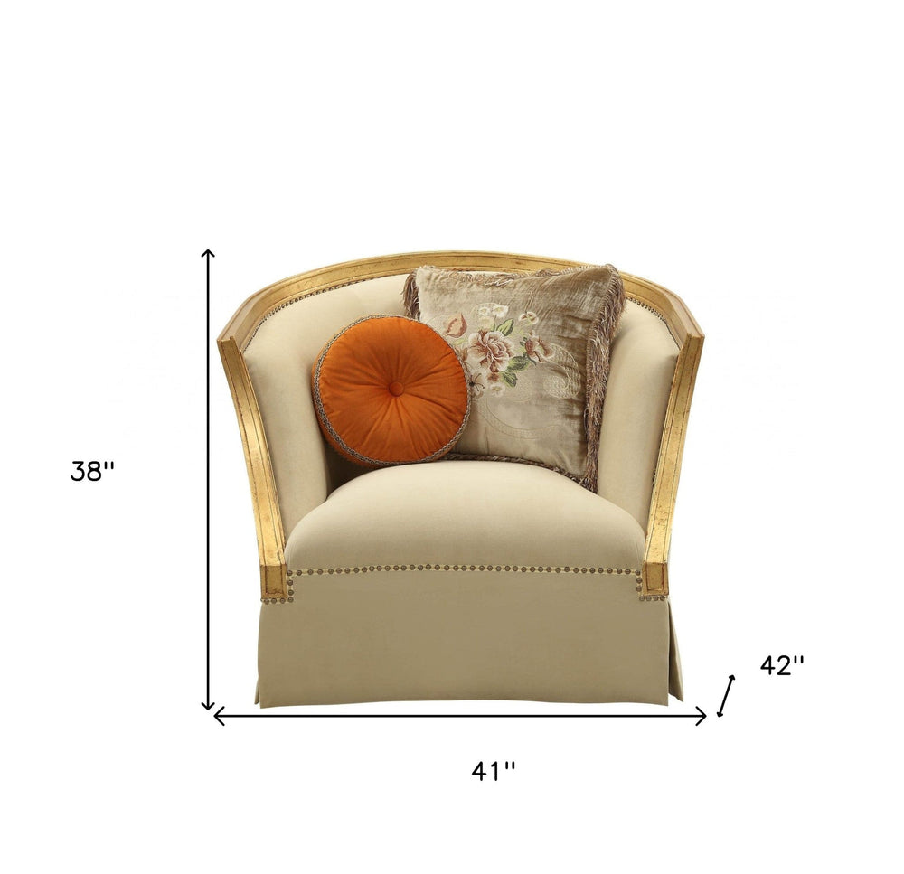 41" Tan and Gold Distressed Arm Chair and Toss Pillows - Homeroots - Flyclothing LLC