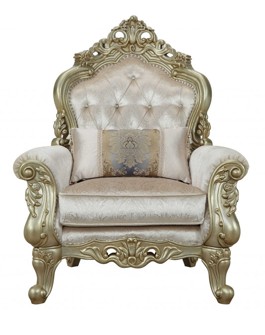 40" Cream And Antiqued White Fabric Damask Tufted Arm Chair And Toss Pillow - Homeroots
