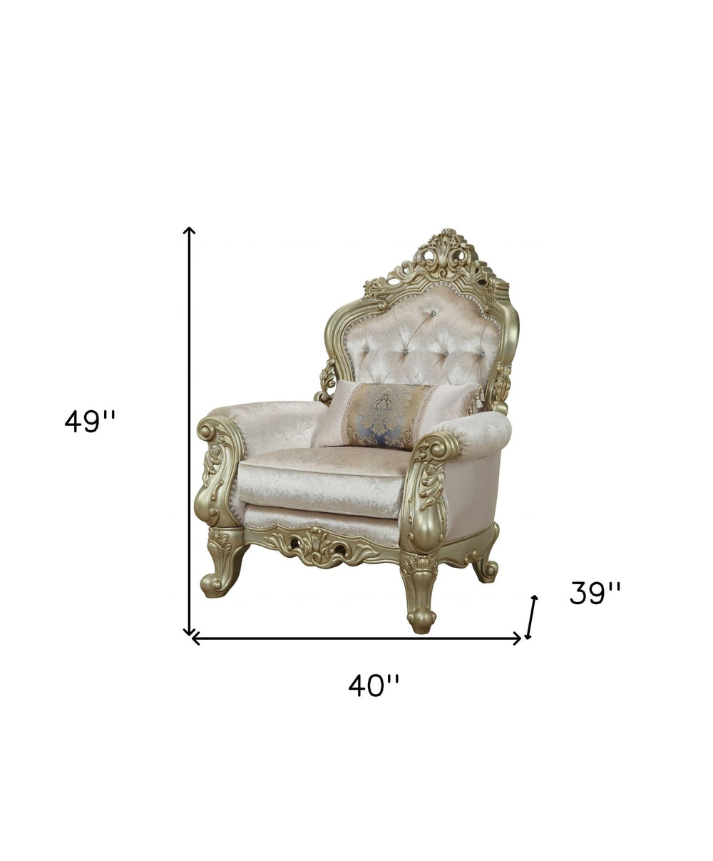 40" Cream And Antiqued White Fabric Damask Tufted Arm Chair And Toss Pillow - Homeroots