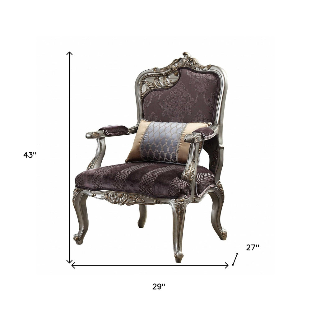 29" Black And Platinum Velvet Floral Arm Chair And Toss Pillow - Homeroots
