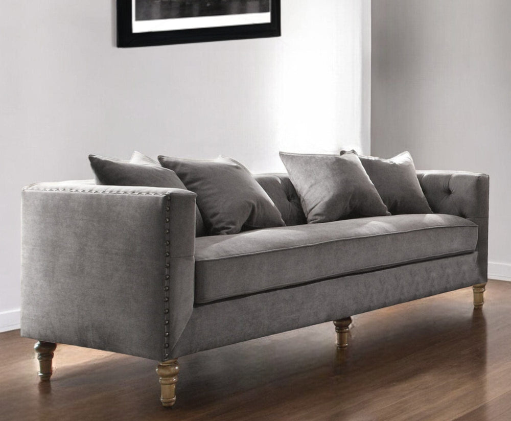 34" Gray Velvet Sofa And Toss Pillows With Brown Legs - Homeroots - Flyclothing LLC