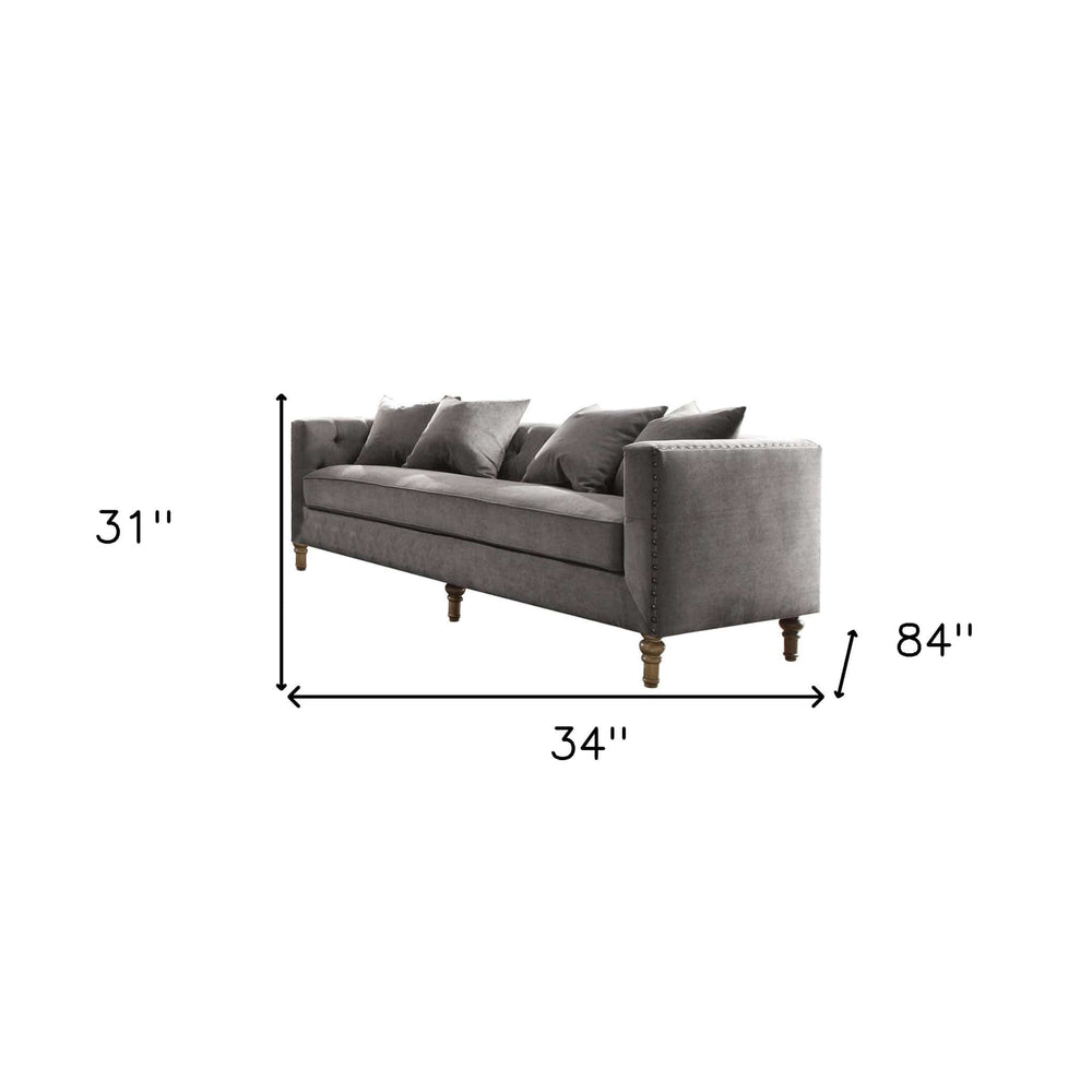 34" Gray Velvet Sofa And Toss Pillows With Brown Legs - Homeroots - Flyclothing LLC