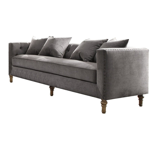 34" Gray Velvet Sofa And Toss Pillows With Brown Legs - Homeroots