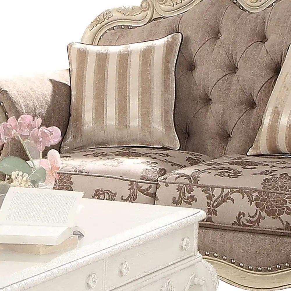 69" Gray And Off White Damask Chesterfield Loveseat and Toss Pillows - Homeroots - Flyclothing LLC
