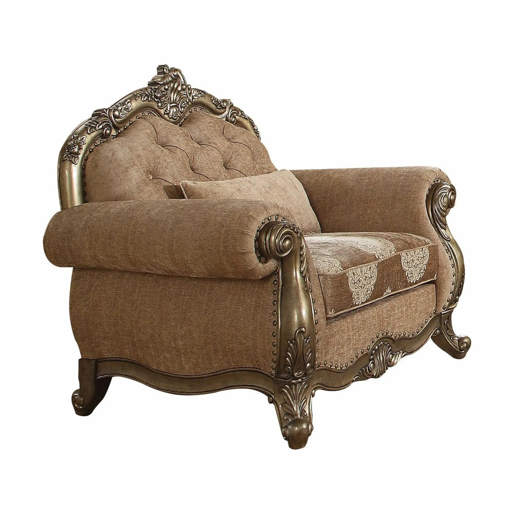 35" Brown and Champagne Linen Damask Tufted Arm Chair and Toss Pillow - Homeroots