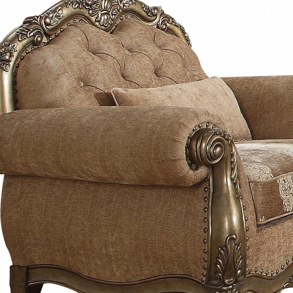 35" Brown and Champagne Linen Damask Tufted Arm Chair and Toss Pillow - Homeroots