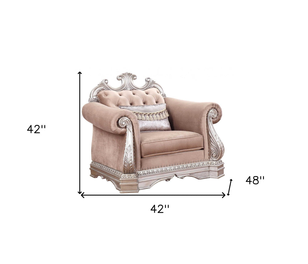 42" Cherry Blossom Pink And Silver Velvet Tufted Arm Chair And Toss Pillow - Homeroots
