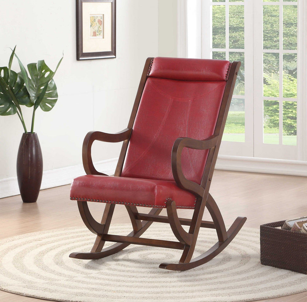 22" X 36" X 38" Burgundy Pu Walnut Wood Upholstered (Seat) Rocking Chair - Homeroots - Flyclothing LLC