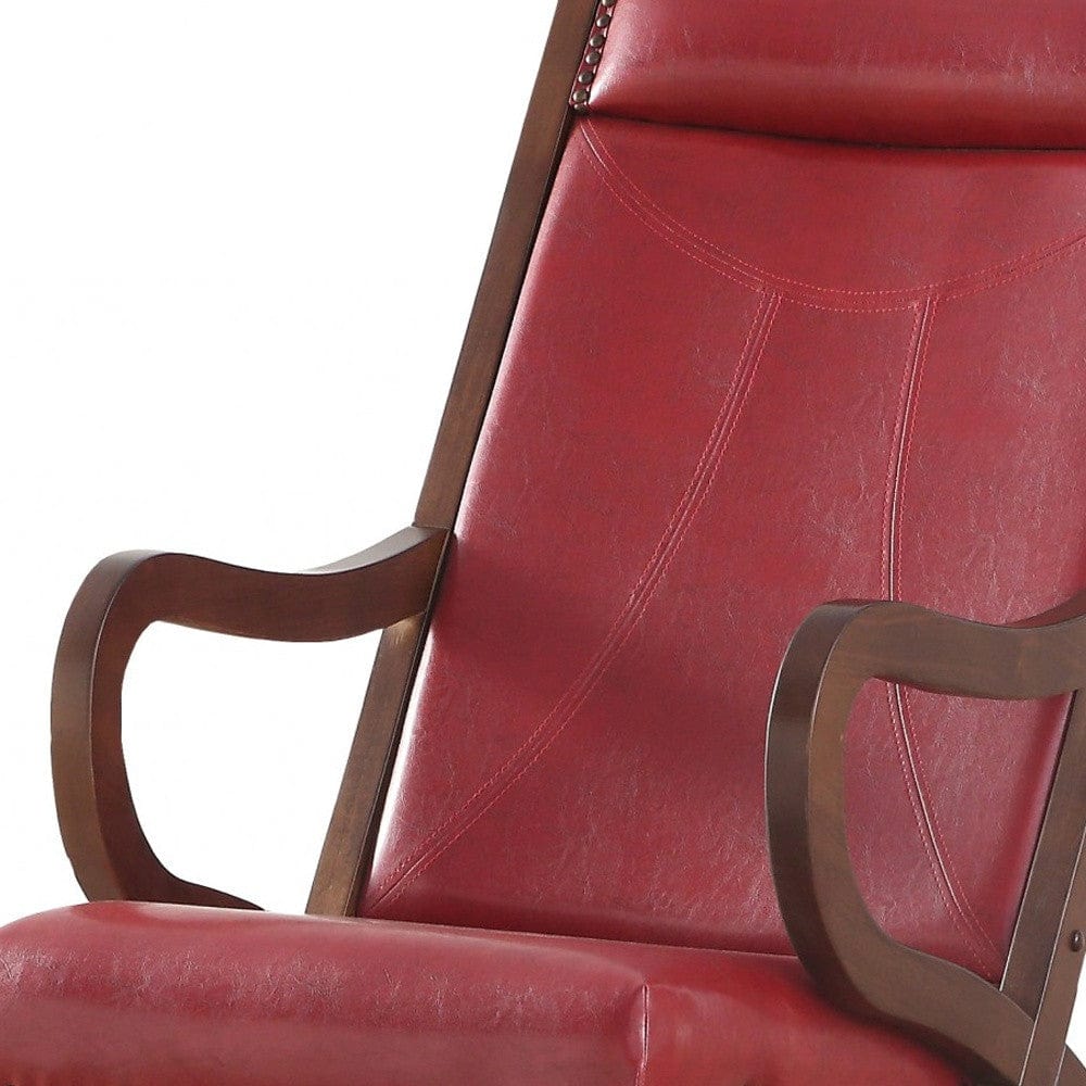 22" X 36" X 38" Burgundy Pu Walnut Wood Upholstered (Seat) Rocking Chair - Homeroots - Flyclothing LLC